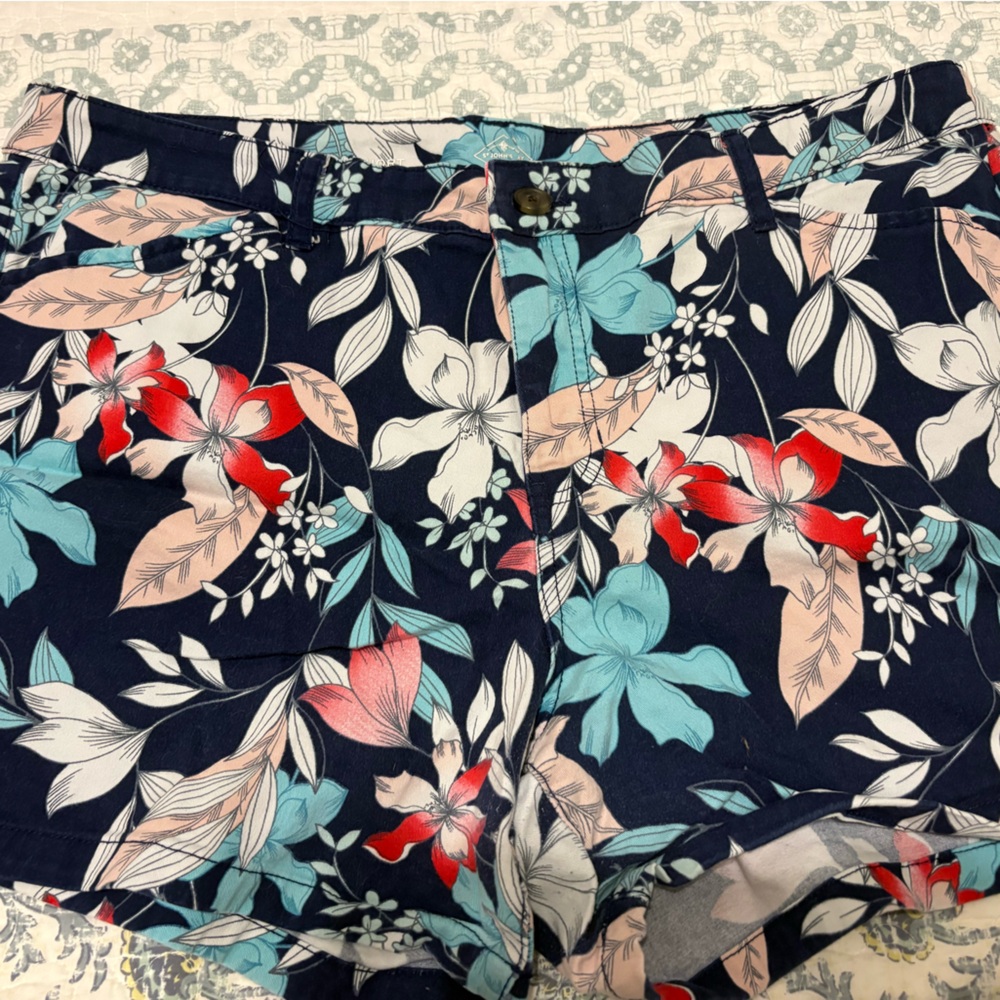 St. John Navy Floral Bermuda Shorts with Red, Teal & Cream